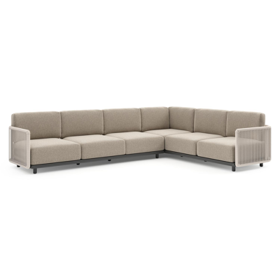 Salon de jardin d'angle Organo en aluminium noir et corde luxe plate tissée verticalement beige et coussin en all weather Sunbrella® luxe chartres pewter