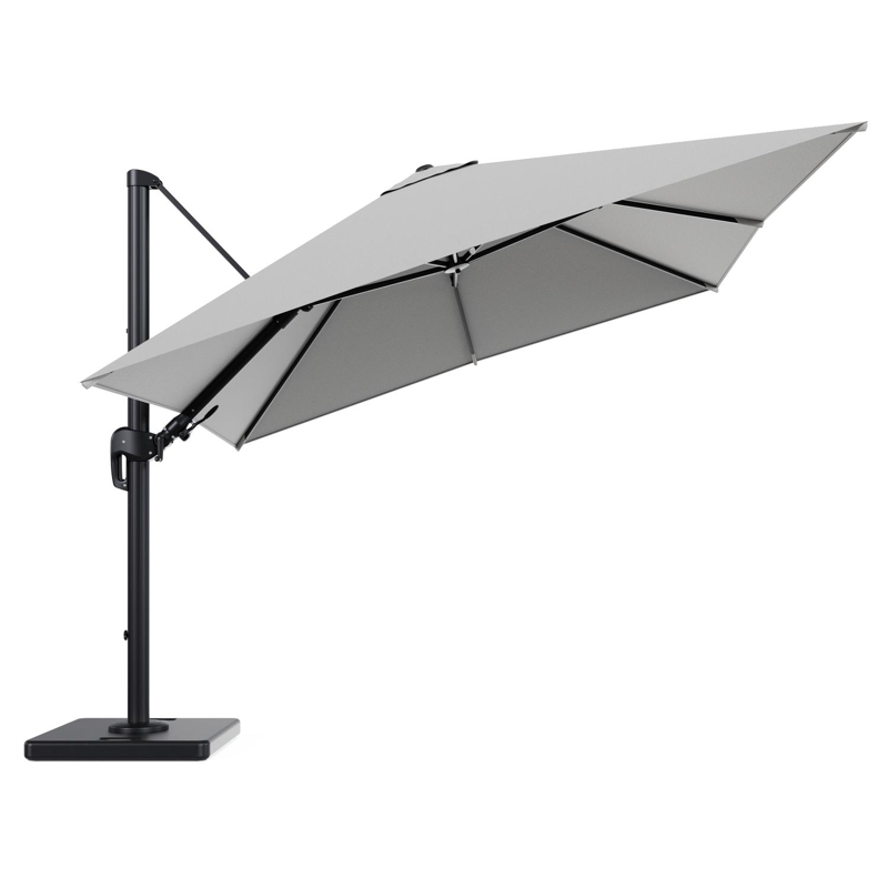 Rufina zweefparasol tiltfunctie in zwart aluminium en parasoldoek in All Weather Sunbrella® Luxe Savane Nimbus - L1 300 x L2 300 cm met parasolvoet Lapido 120 kg