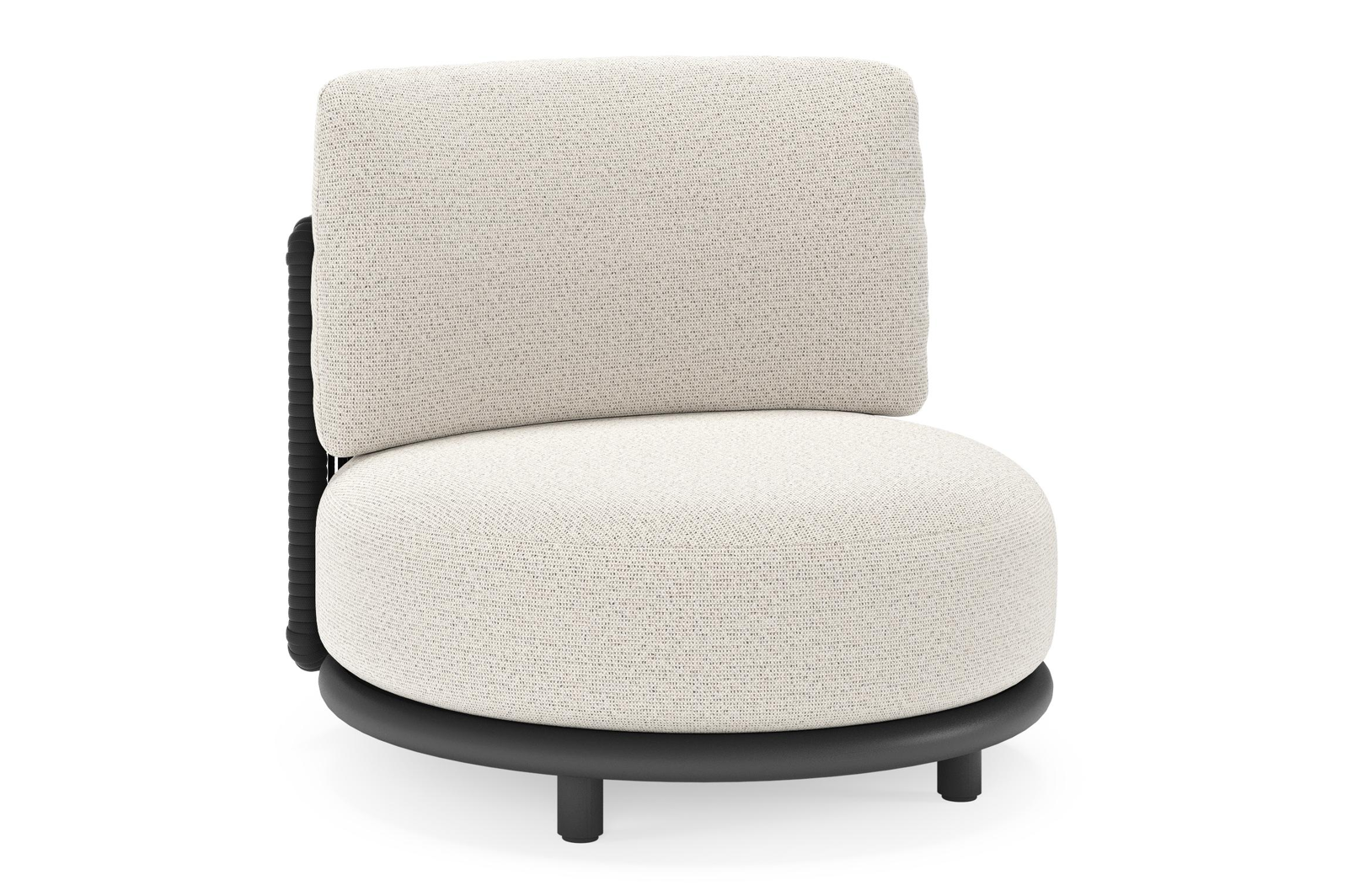 Fauteuil de jardin Lomano en aluminium noir et corde luxe plate tissée verticalement beige et coussins en all weather solica firenze natural