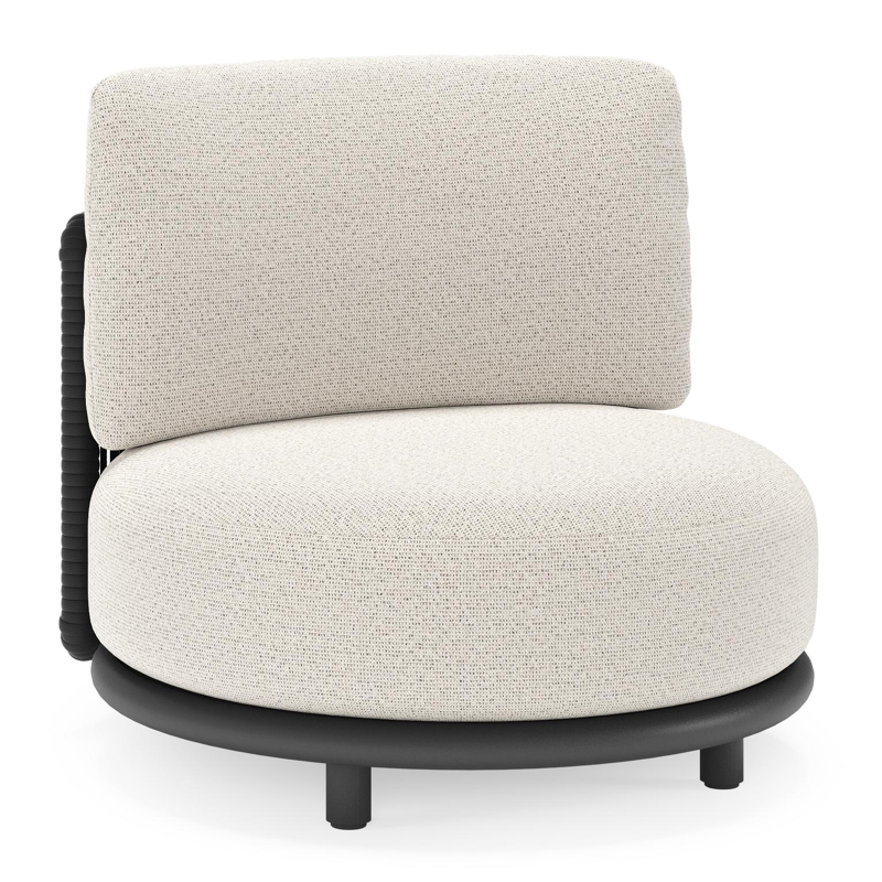 Fauteuil de jardin Lomano en aluminium noir et corde luxe plate tissée verticalement beige et coussins en all weather solica firenze natural