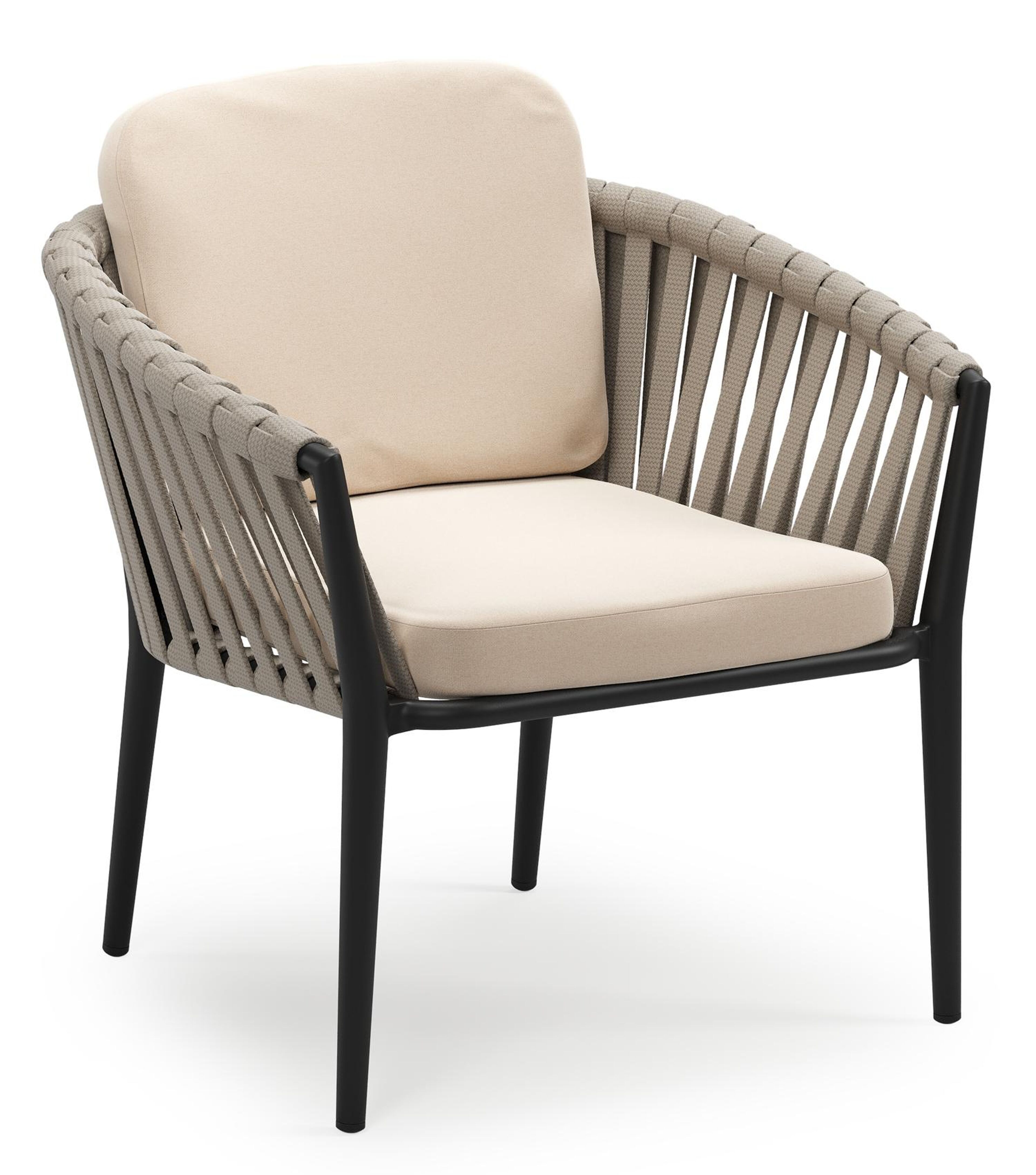 Orso low dining tuinstoel in zwart aluminium en beige verticaal geweven luxe vlakke brede rope met stoelkussen in All Weather Sunbrella® Luxe Natte Linen Chalk