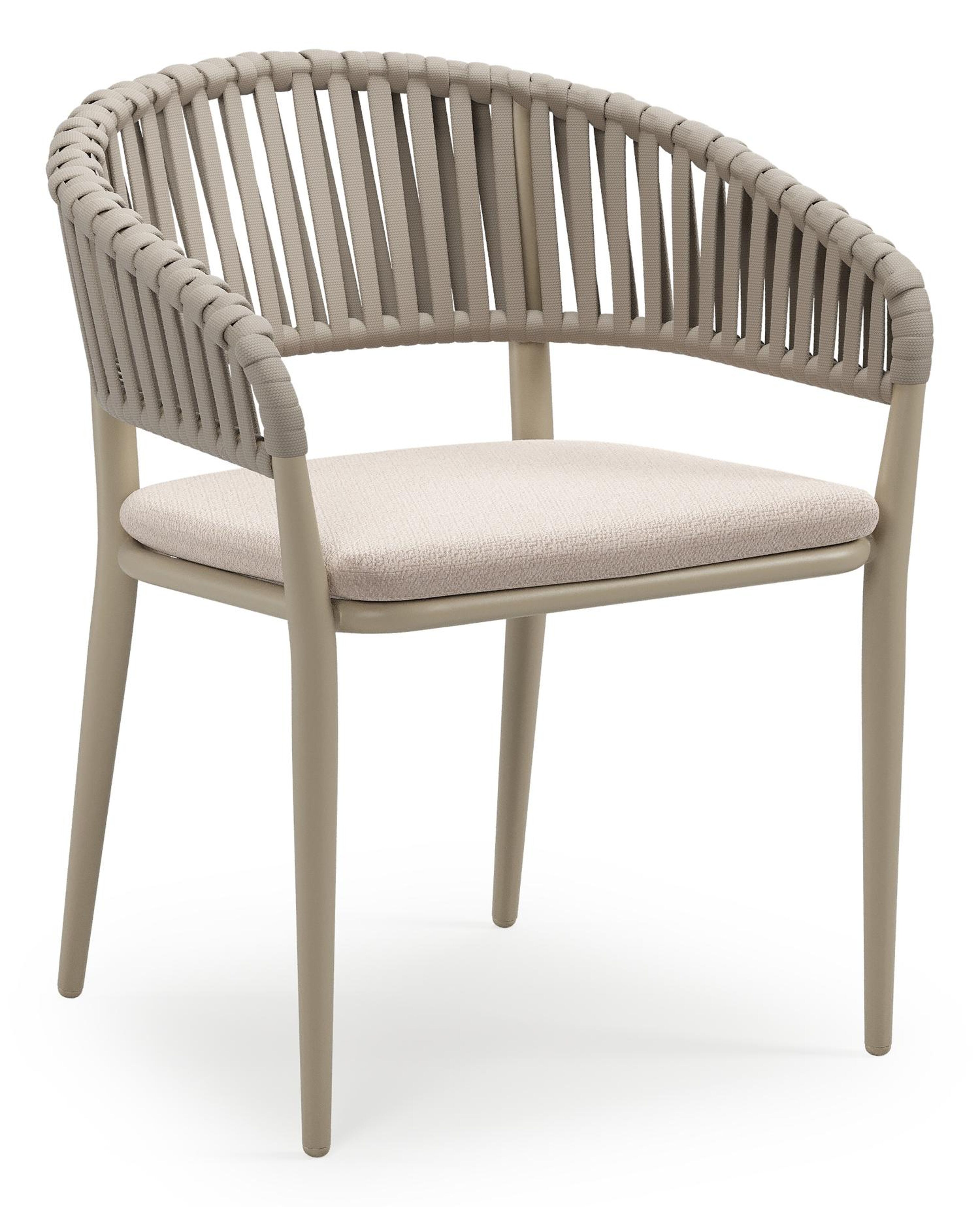 Tolfa stapelbare tuinstoel in beige aluminium en beige verticaal geweven luxe vlakke brede rope met stoelkussen in All Weather Sunbrella® Luxe Wander Pilat