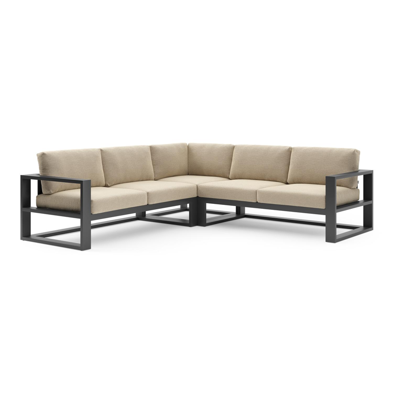 Verato loungehoek in zwart aluminium met althea camel all weather cosytica kussen