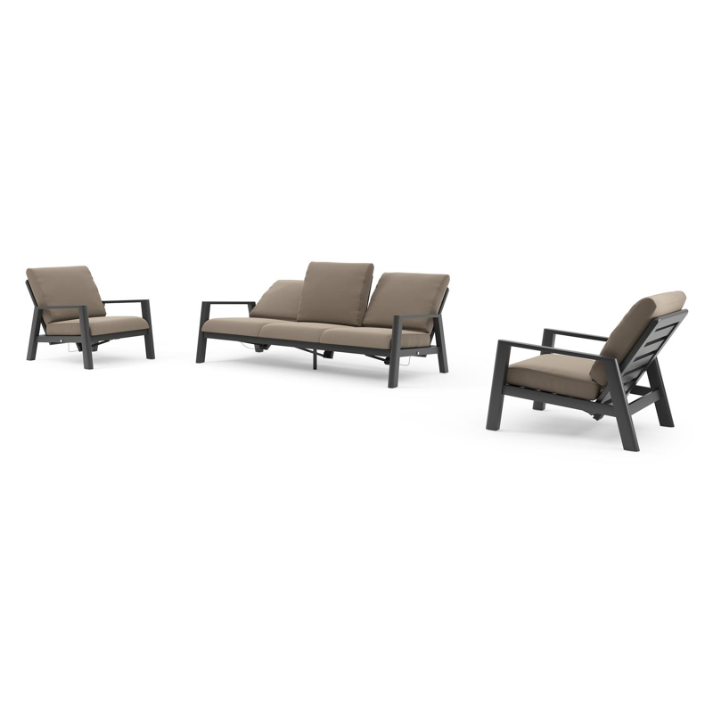 Cirello loungeset in zwart aluminium met natte heather grey all weather sunbrella® luxe kussen
