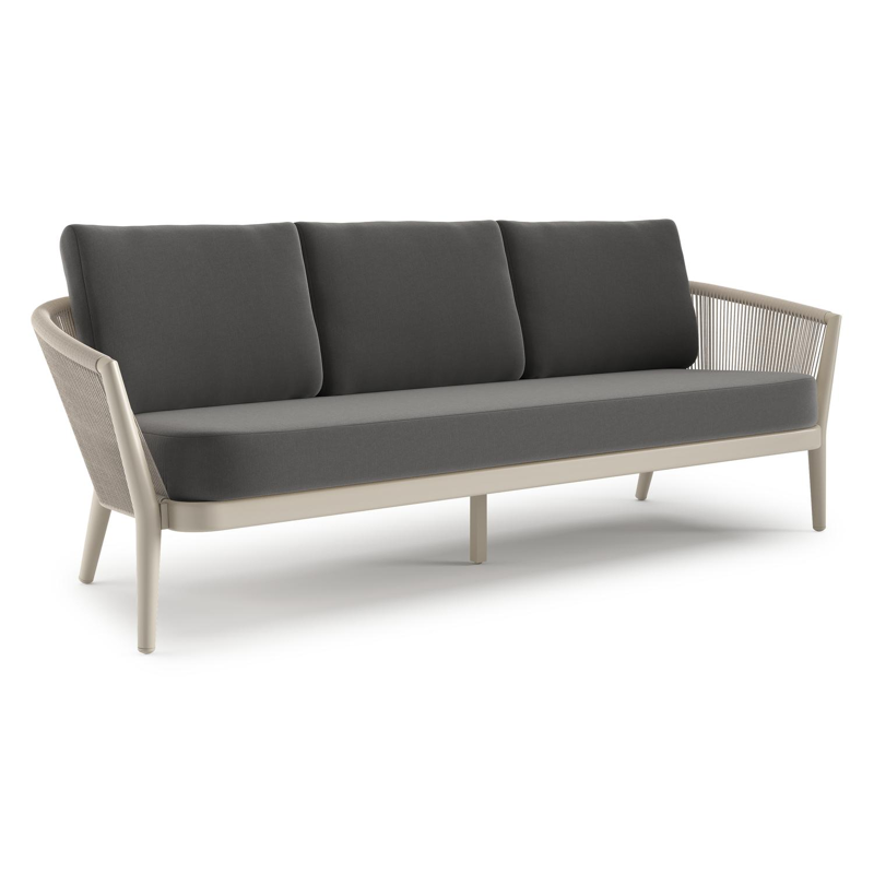 Orso loungebank in beige aluminium en beige verticaal geweven ronde rope met Natte Charcoal Chine all weather sunbrella® luxe kussen