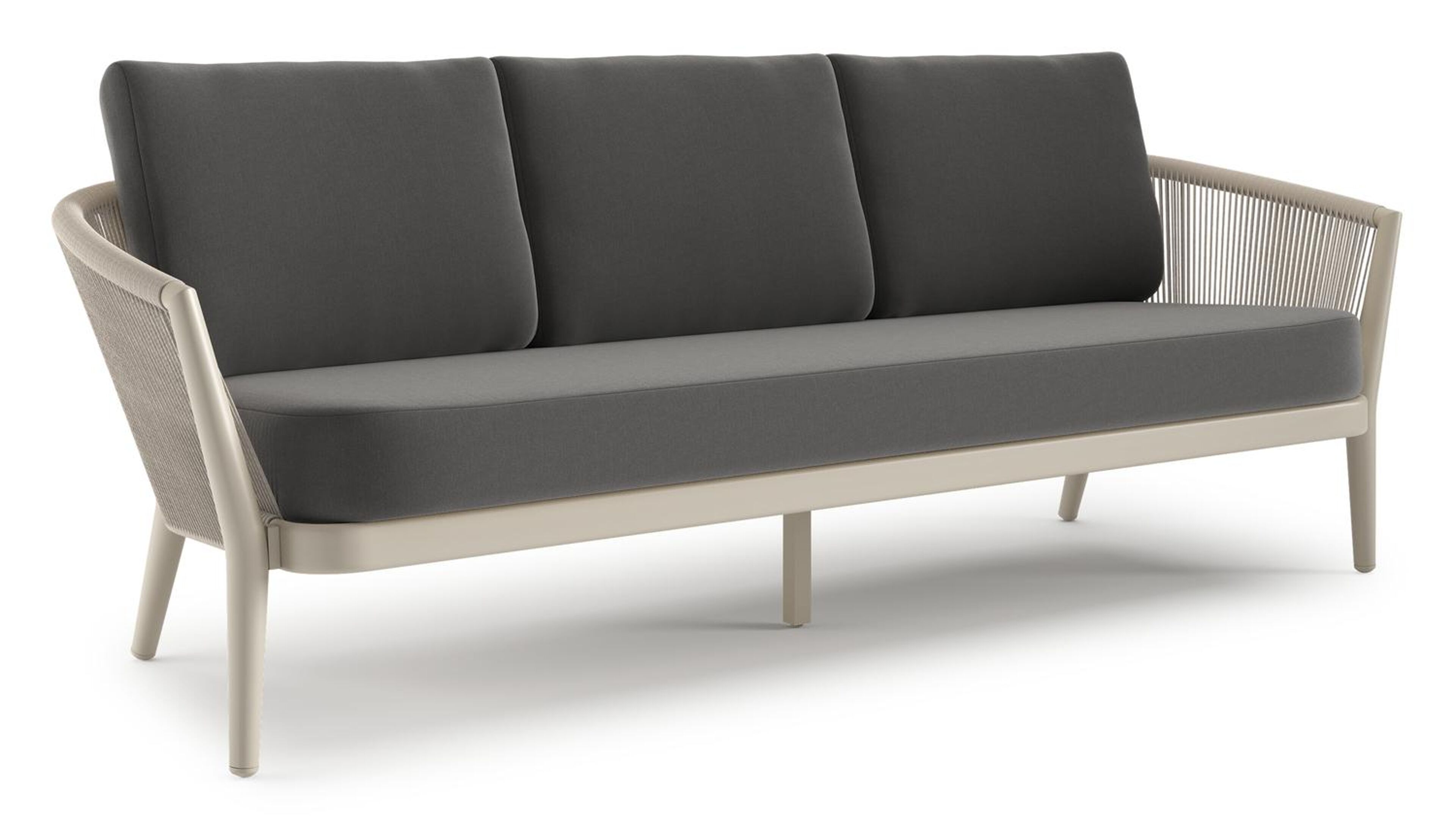 Orso loungebank in beige aluminium en beige verticaal geweven ronde rope met Natte Charcoal Chine all weather sunbrella® luxe kussen