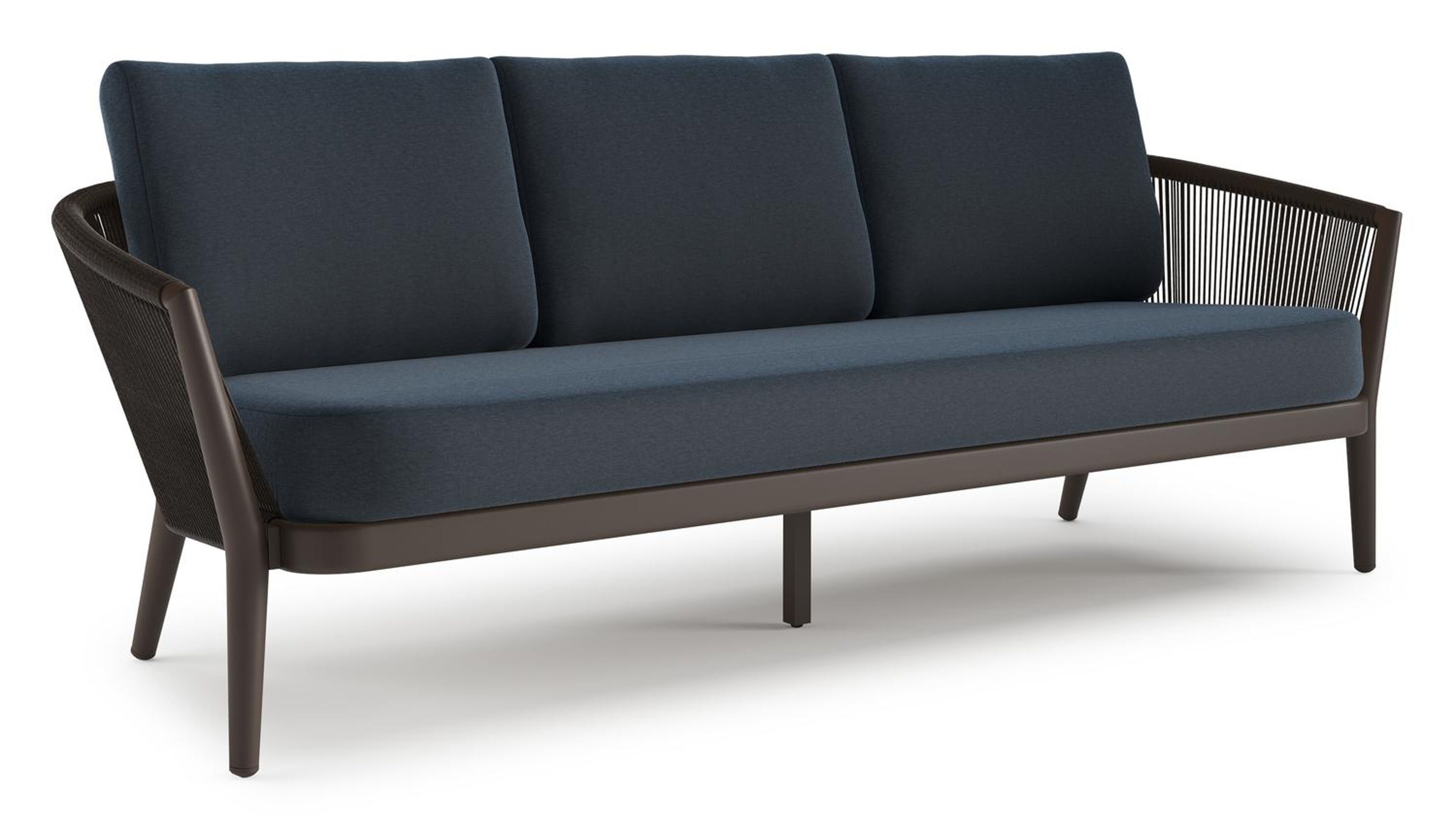 Orso loungebank in donkerbruin aluminium en donkerbruin verticaal geweven ronde rope met Heritage Indigo All Weather Sunbrella® luxe kussen