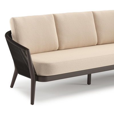 Salon de jardin Orso en aluminium brun foncé en corde ronde tissée verticalement brun foncé et coussins en all weather sunbrella® luxe Heritage Papyrus