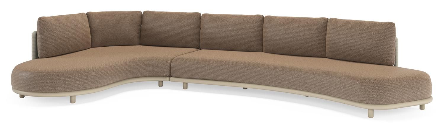 Lomano loungehoek in beige aluminium en beige verticaal geweven luxe vlakke rope met Firenze Bamboe all weather solica