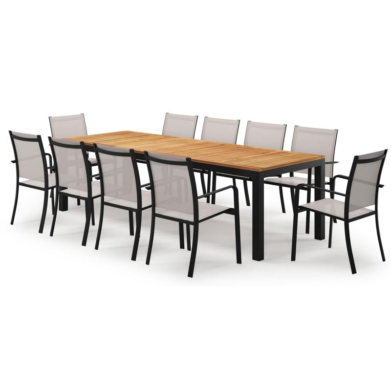 Varese ensemble de jardin rectangulaire en aluminium noir en teck colour finish avec 10 chaises de jardin Calobra