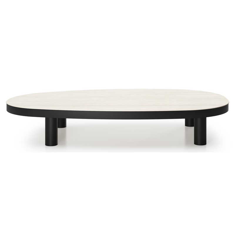 Table de basse Donato organique en aluminium noir et céramique pleine Travertino Bianco - Lg. 151 x Lrg. 90 x Haut. 25 cm