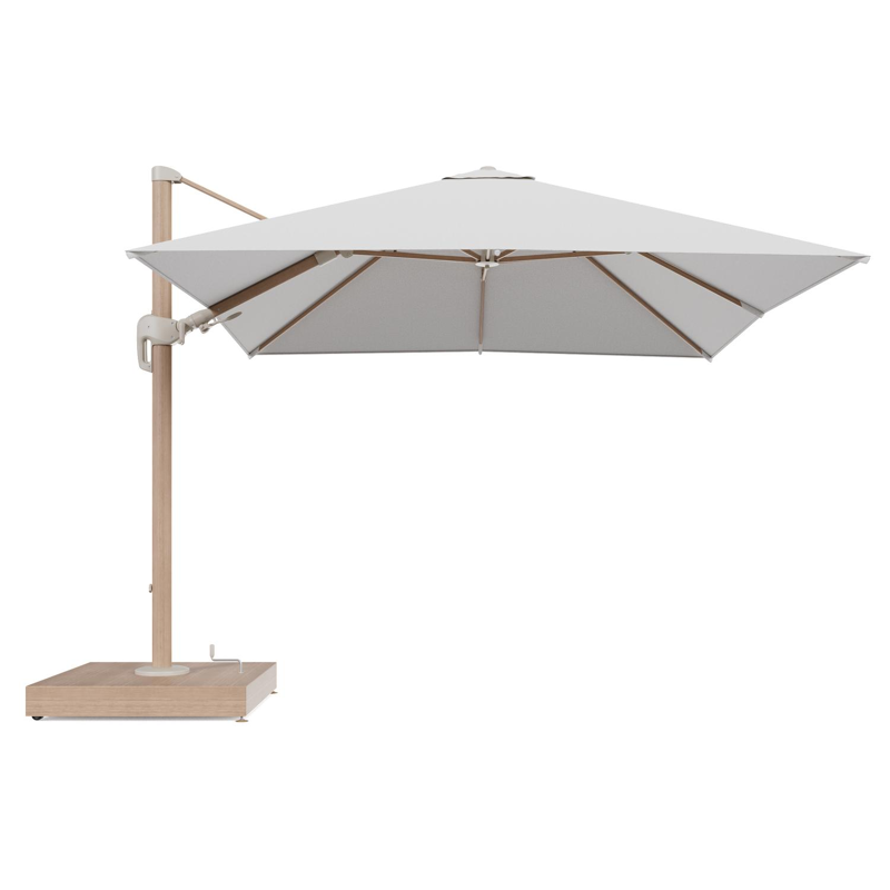 Rufina zweefparasol met tiltfunctie in houtlook aluminium en Ego Birch All Weather Solica parasoldoek - L1 300 x L2 300 cm met parasolvoet Minore 260 kg met wielen