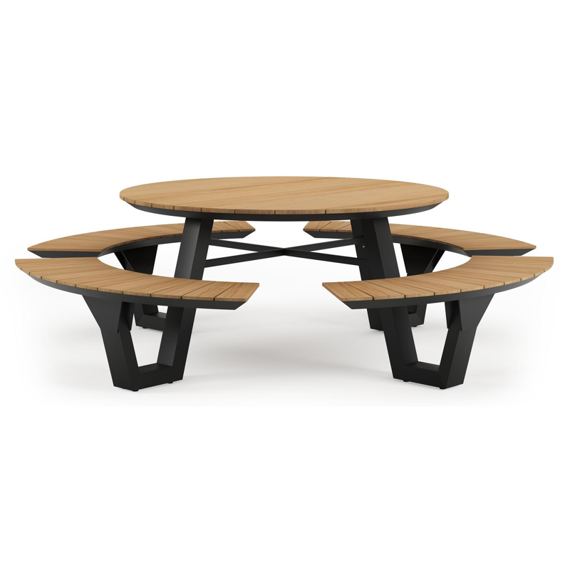Rondino picknicktafel in zwart aluminium en teak tafelblad - Dia. 148 cm