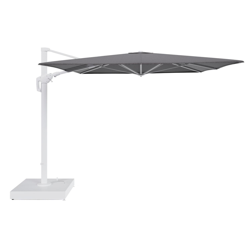 Minore zweefparasol met tiltfunctie in wit aluminium en Firenze Tunder All Weather Solica parasoldoek - L1 400 x L2 300 cm met parasolvoet Minore 260 kg met wielen