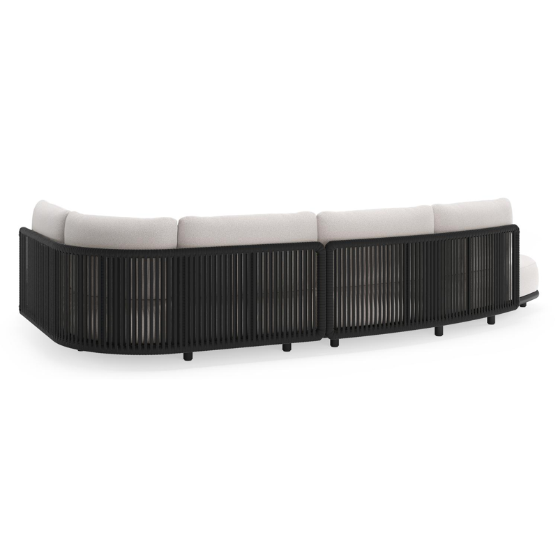Lomano loungehoek in zwart aluminium en zwart verticaal geweven luxe vlakke rope met ego eggshell all weather solica kussen