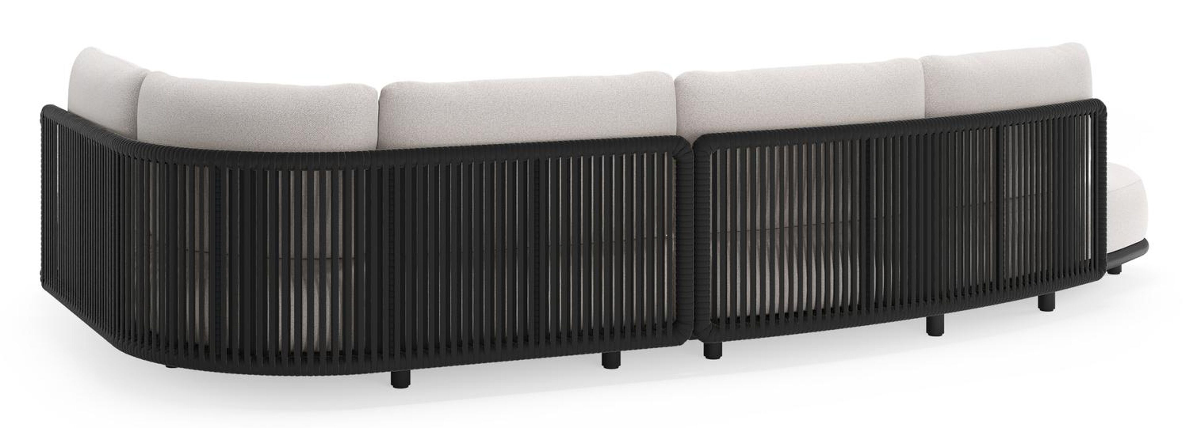Lomano loungehoek in zwart aluminium en zwart verticaal geweven luxe vlakke rope met ego eggshell all weather solica kussen