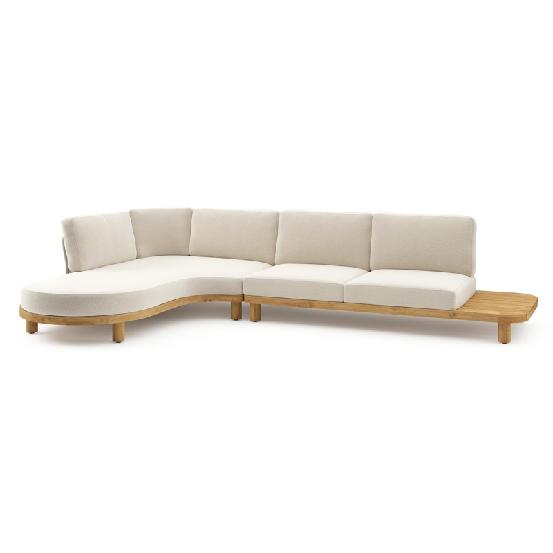 Donato loungehoek in teak en beige verticaal geweven ronde rope met all weather cosytica Althea Off White kussen