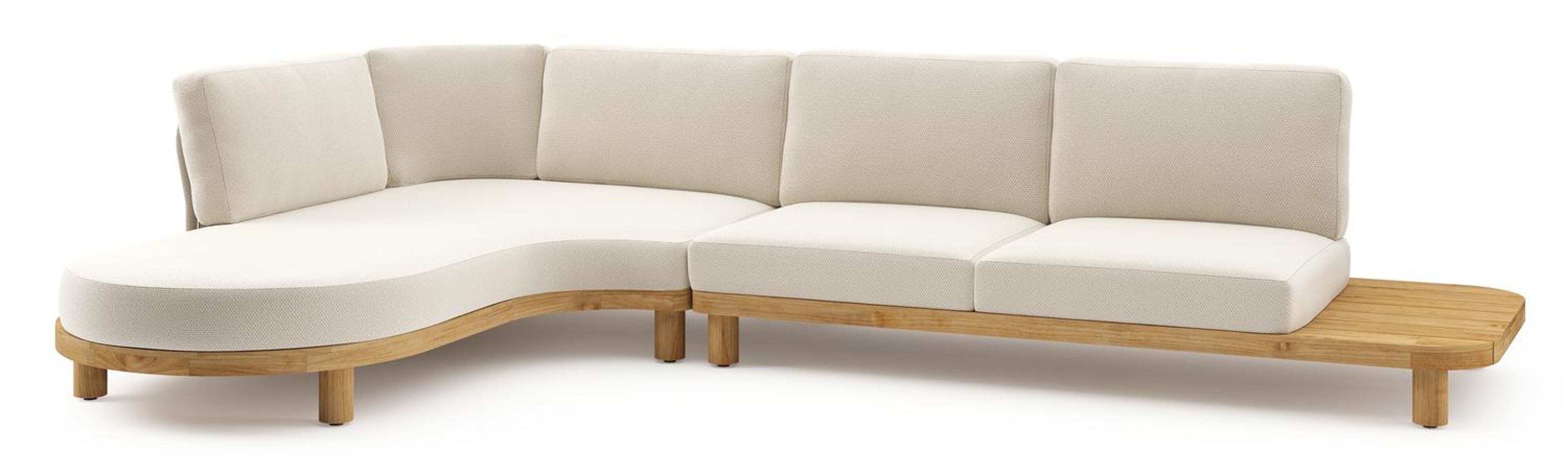 Salon de jardin d'angle Donato en teck et corde ronde tissée verticalement beige et coussins en all weather cosytica Althea Off White