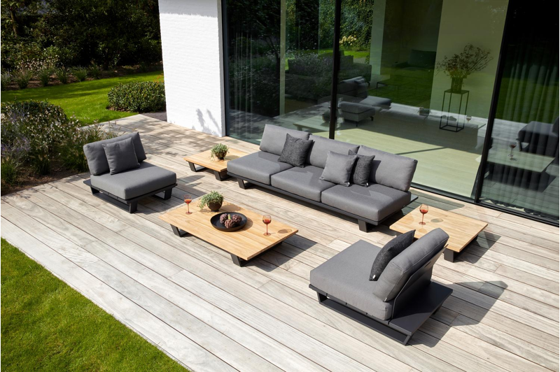 Table basse / pouf Pagino en aluminium noir et teck naturel - Lg 79,5 x larg. 79,5 x H 21 cm