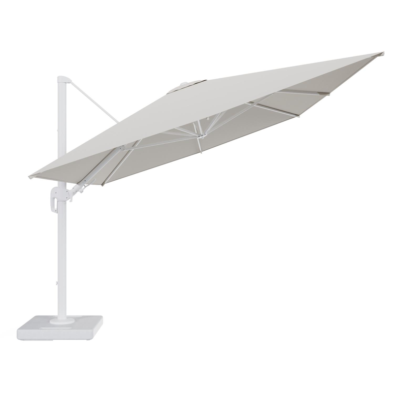 Rufina zweefparasol tiltfunctie in wit aluminium en parasoldoek in All Weather Sunbrella® Luxe Lopi Marble - L1 400 x L2 300 cm met parasolvoet Lapido 160 kg