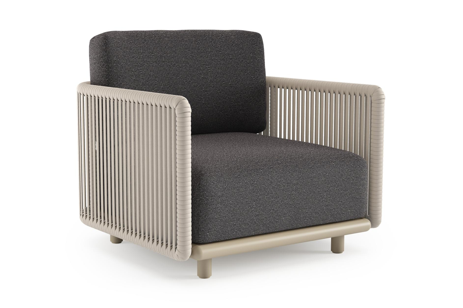 Organo loungestoel in beige aluminium en beige verticaal geweven luxe vlakke rope met firenze bamboe all weather Solica kussen