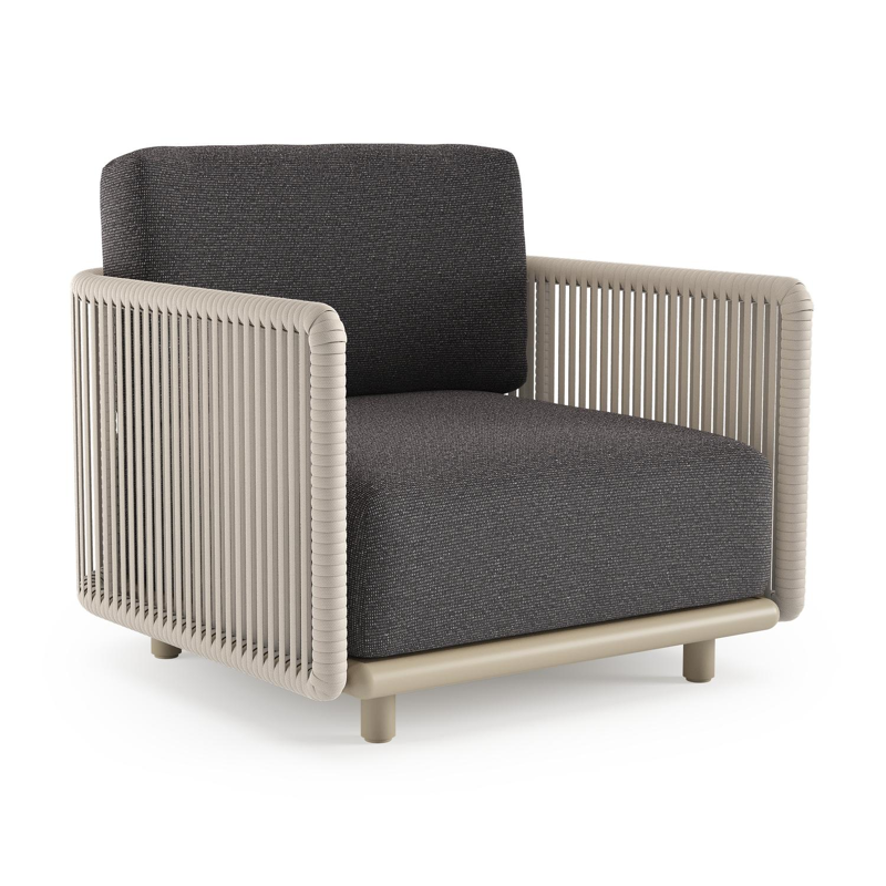 Organo loungestoel in beige aluminium en beige verticaal geweven luxe vlakke rope met firenze bamboe all weather Solica kussen