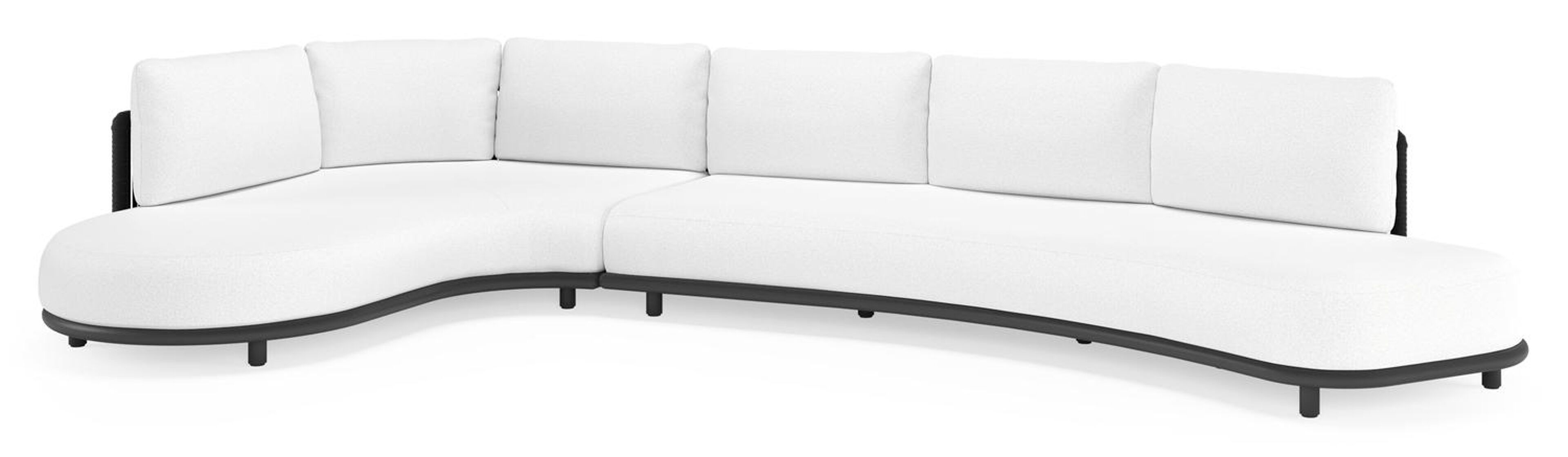 Lomano loungehoek in zwart aluminium en zwart verticaal geweven luxe vlakke rope met ego birch all weather solica kussen