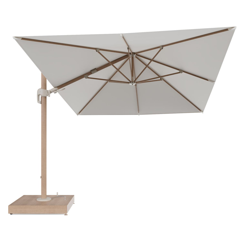 Rufina zweefparasol met tiltfunctie in houtlook aluminium en Natte White All Weather Sunbrella® Luxe parasoldoek - L1 400 x L2 300 cm met parasolvoet Minore 260 kg met wielen