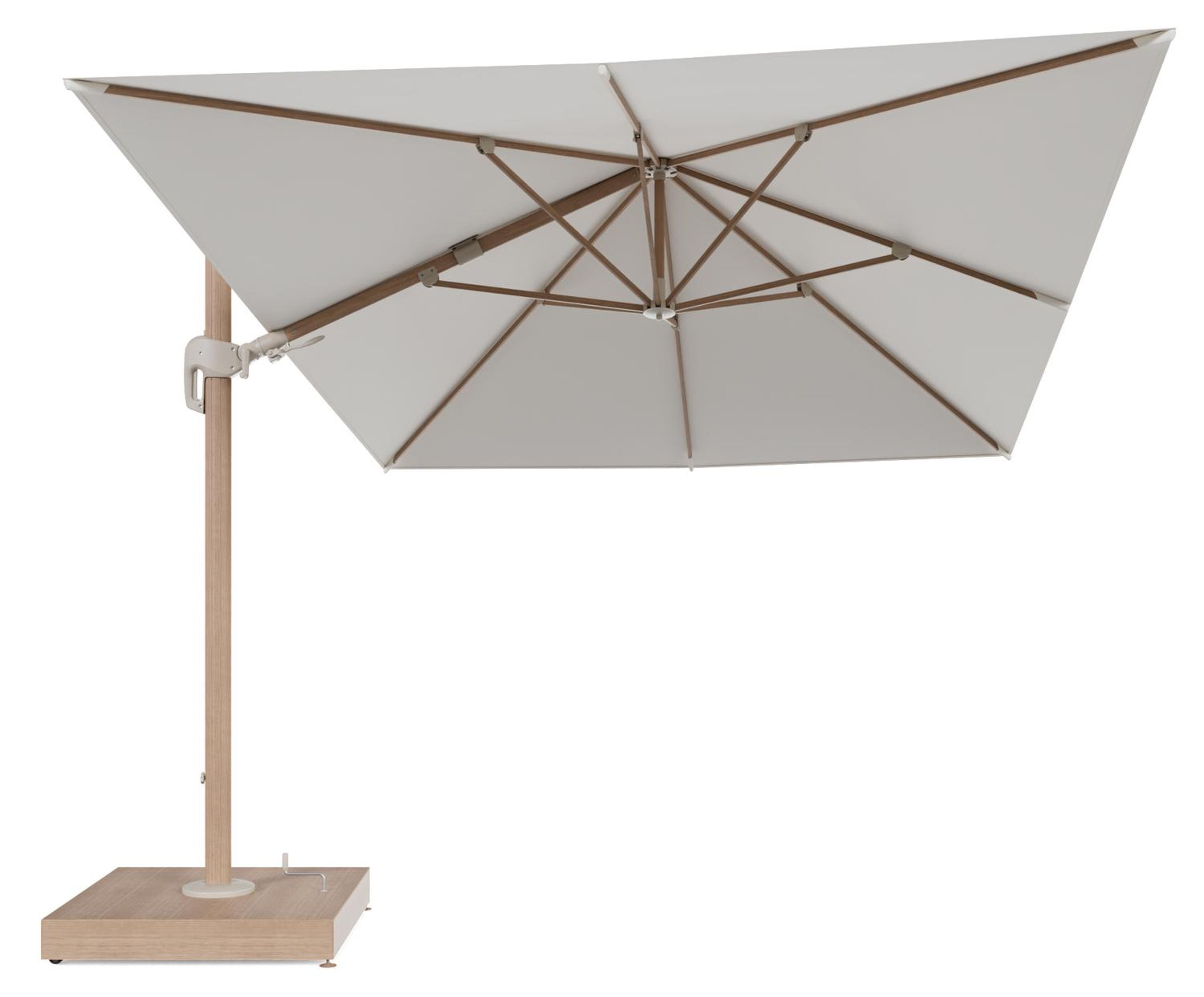 Rufina zweefparasol met tiltfunctie in houtlook aluminium en Natte White All Weather Sunbrella® Luxe parasoldoek - L1 400 x L2 300 cm met parasolvoet Minore 260 kg met wielen