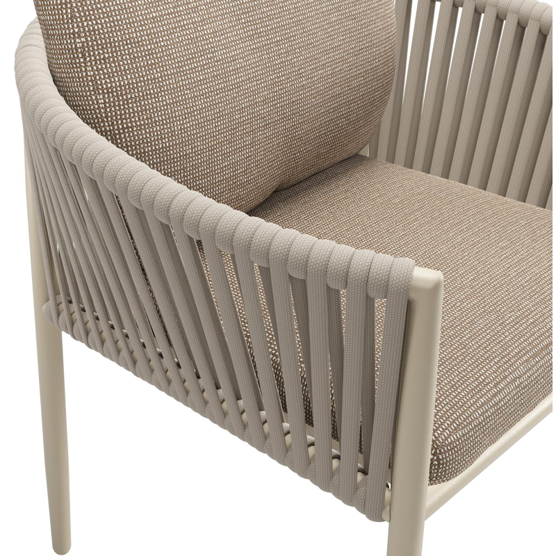 Organo tuinstoel in beige aluminium en beige verticaal geweven luxe vlakke rope met zitkussen in All Weather Solica Firenze Earth