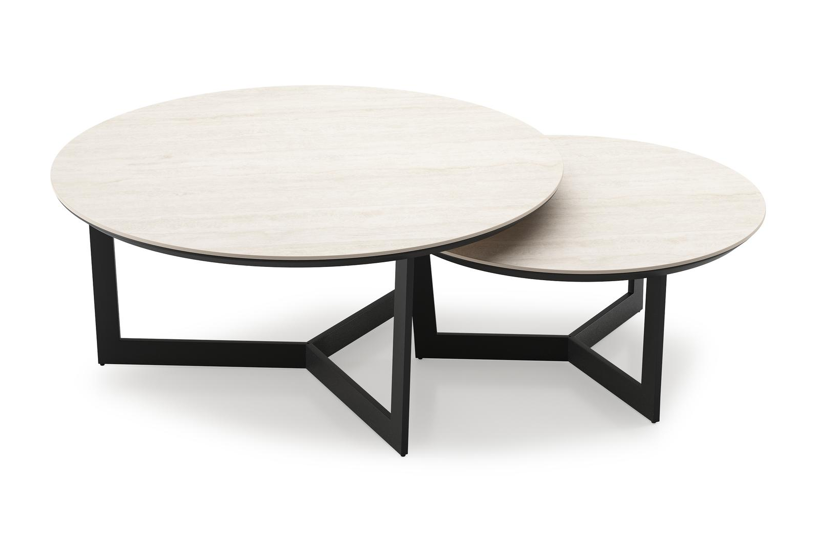 Ensemble de 2 tables d'appoint Lacrima ronde en noir aluminium et céramique pleine Travertino Bianco - Diam. 85 x Haut. 35 cm