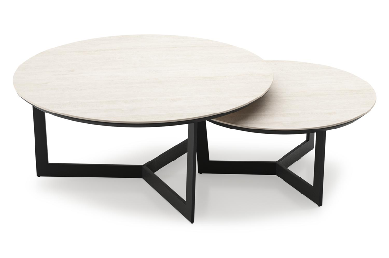 Ensemble de 2 tables d'appoint Lacrima ronde en noir aluminium et céramique pleine Travertino Bianco - Diam. 85 x Haut. 35 cm