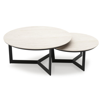 Ensemble de 2 tables d'appoint Lacrima ronde en noir aluminium et céramique pleine Travertino Bianco - Diam. 85 x Haut. 35 cm