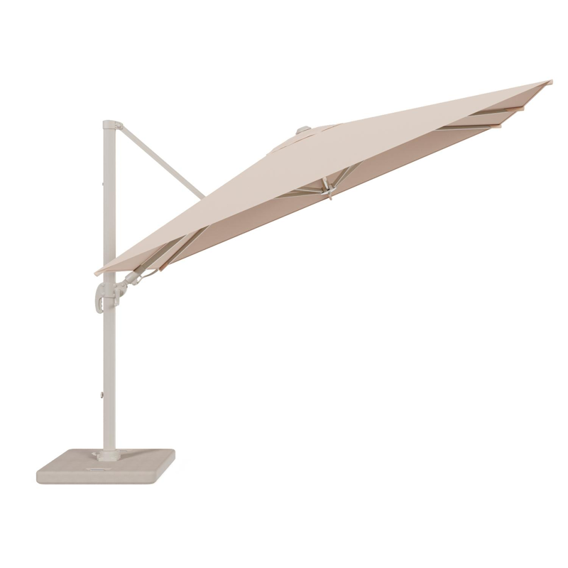 Avola zweefparasol met tiltfunctie in beige aluminium en Natte Linen Chalk Sunbrella Premium parasoldoek - L1 200 x L2 300 cm met parasolvoet Pedito 120 kg