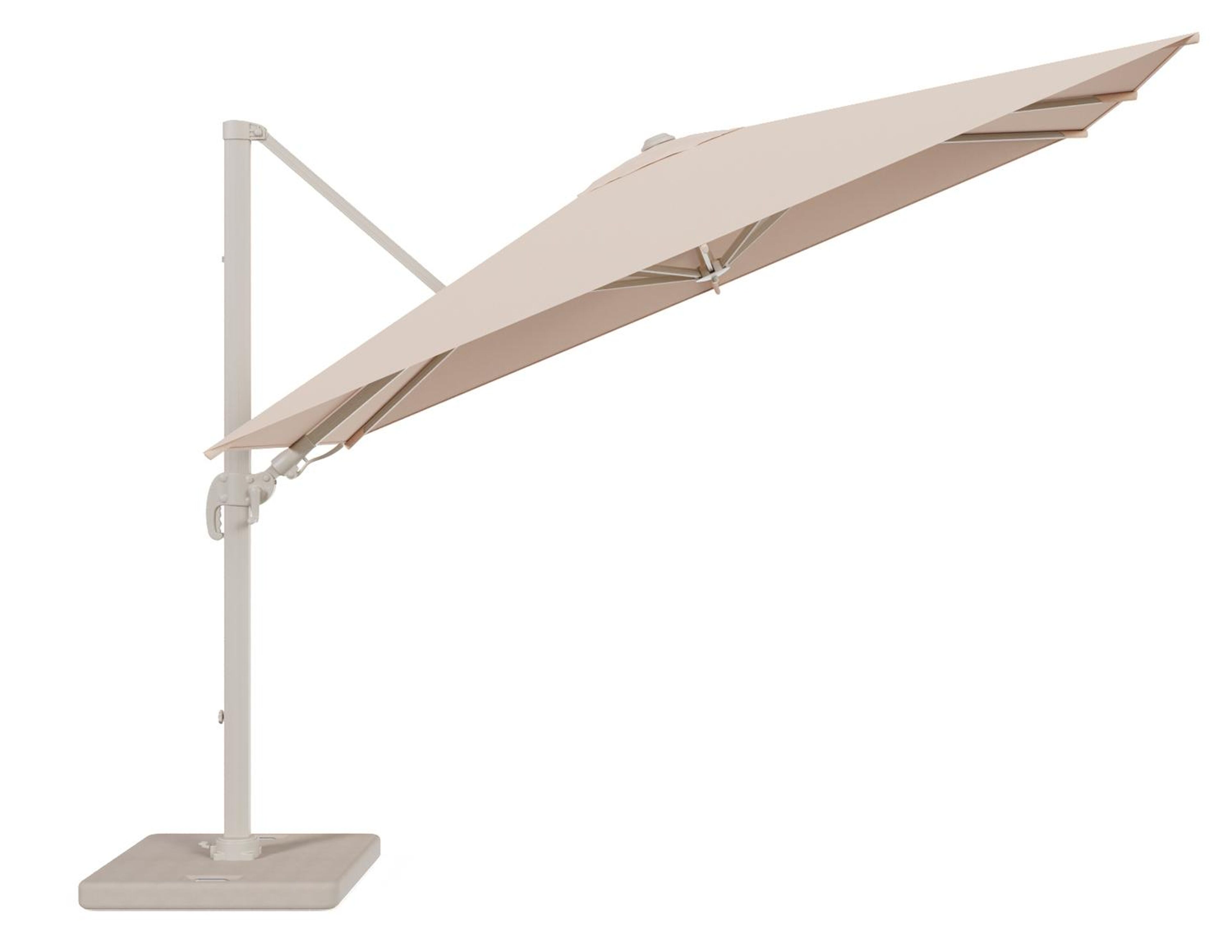 Parasol pendant Avola avec fonction tilt en aluminium beige et toile de parasol Sunbrella Premium Natte Linen Chalk - Lg.1 200 x Lg.2 300 cm avec pied de parasol Pedito 120 kg