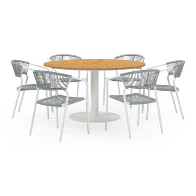 Lagos tuinset in wit aluminium en naturel polywood tafelblad met 6 stapelbare Vigo tuinstoelen