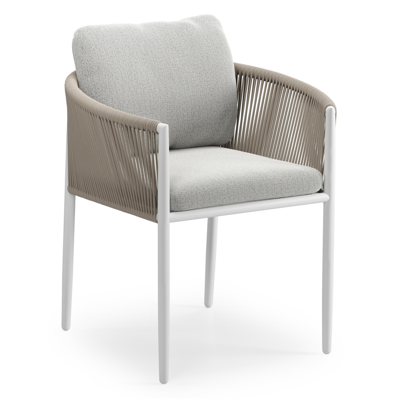 Organo tuinstoel in beige aluminium en beige verticaal geweven ronde rope met stoelkussen in All Weather Sunbrella® Luxe Savane Nimbus