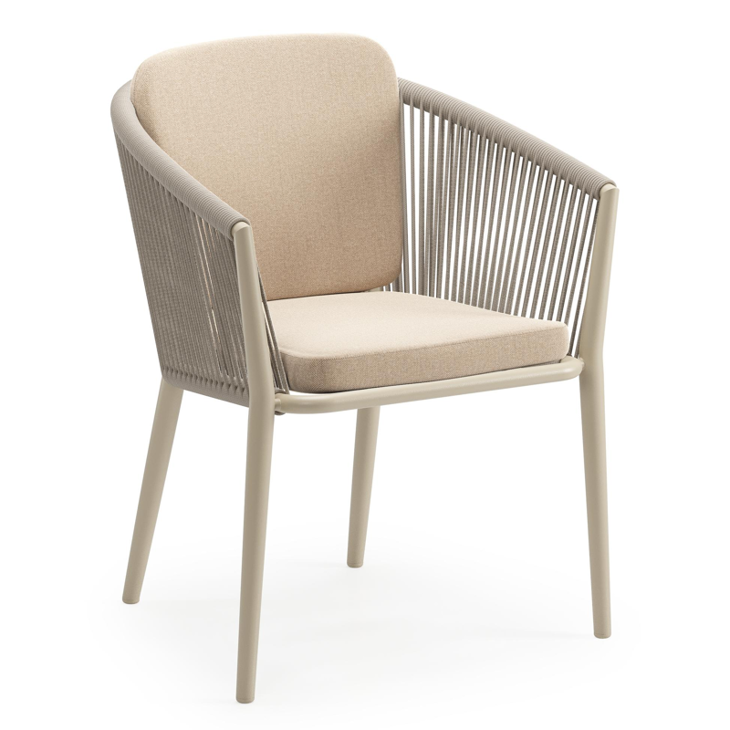 Orso tuinstoel in beige aluminium en beige verticaal geweven ronde rope met zitkussen in All Weather Sunbrella® Luxe Natte Heather Beige