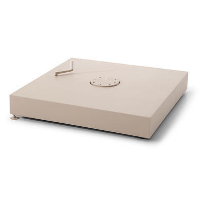 Rufina zweefparasol met tiltfunctie in beige aluminium en Sunbrella Luxe Tundra Sand parasoldoek met Minore beige parasolvoet 260 kg - L1 400 x L2 300 cm