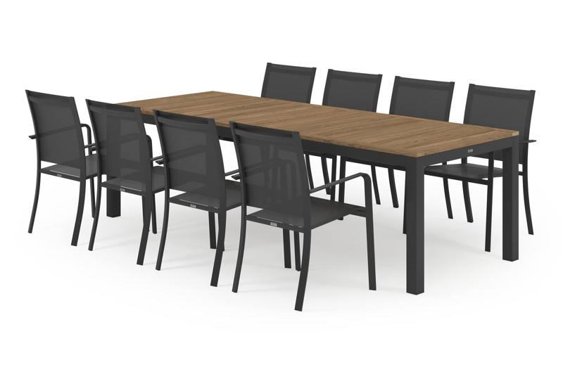 Varese tuinset in zwart aluminium en naturel teak tafelblad met 8 stapelbare Calobra tuinstoelen