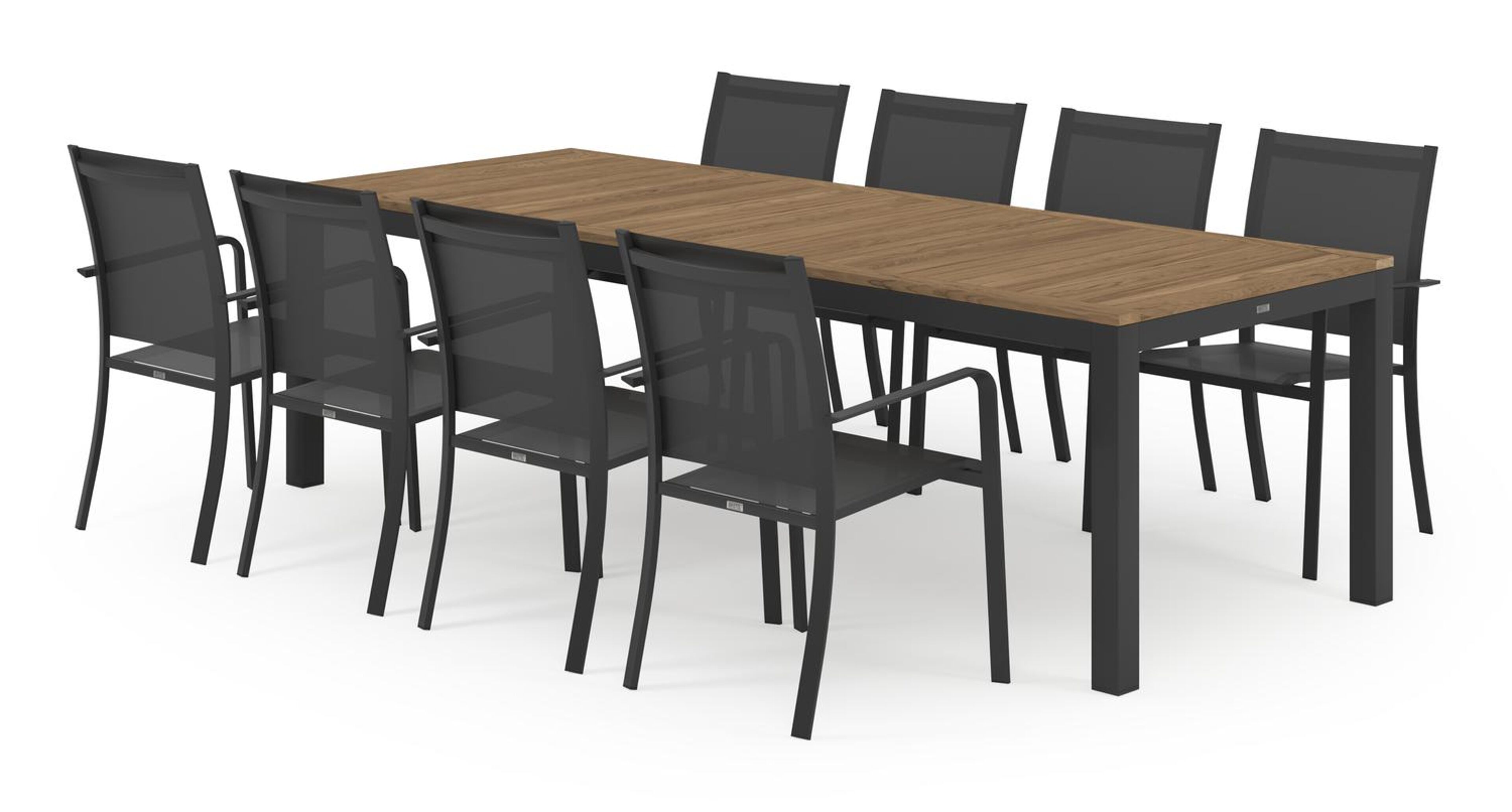 Varese tuinset in zwart aluminium en naturel teak tafelblad met 8 stapelbare Calobra tuinstoelen