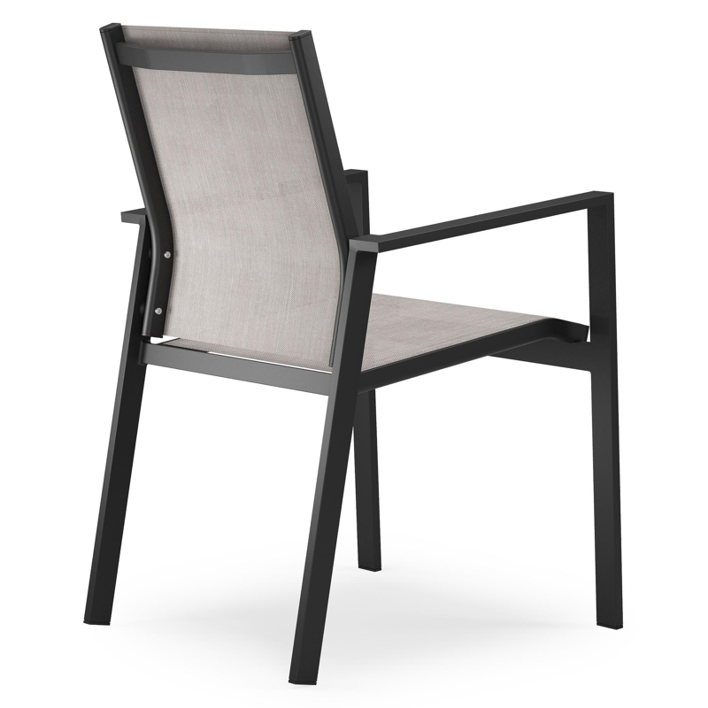 Calzo tuinset in zwart aluminium en zwart sintered stone met 6 stapelbare Bahia tuinstoelen