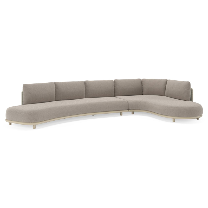 Lomano loungehoek in beige aluminium en beige verticaal geweven luxe vlakke rope met Lopi Pepper all weather sunbrellaÂ® luxe