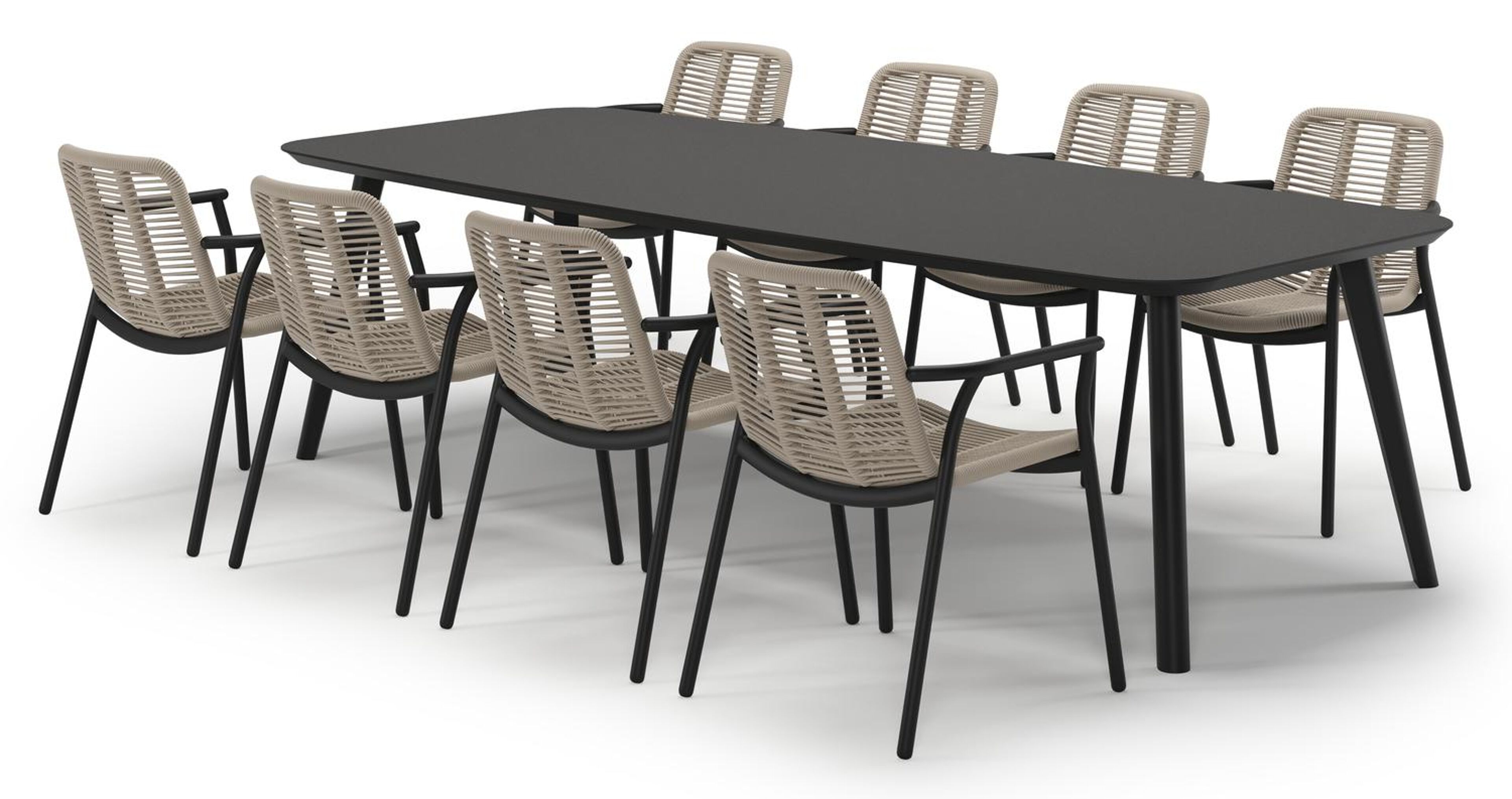 Mosa tuinset in zwart aluminium en notte minerale sintered stone met 8 stapelbare Berga tuinstoelen