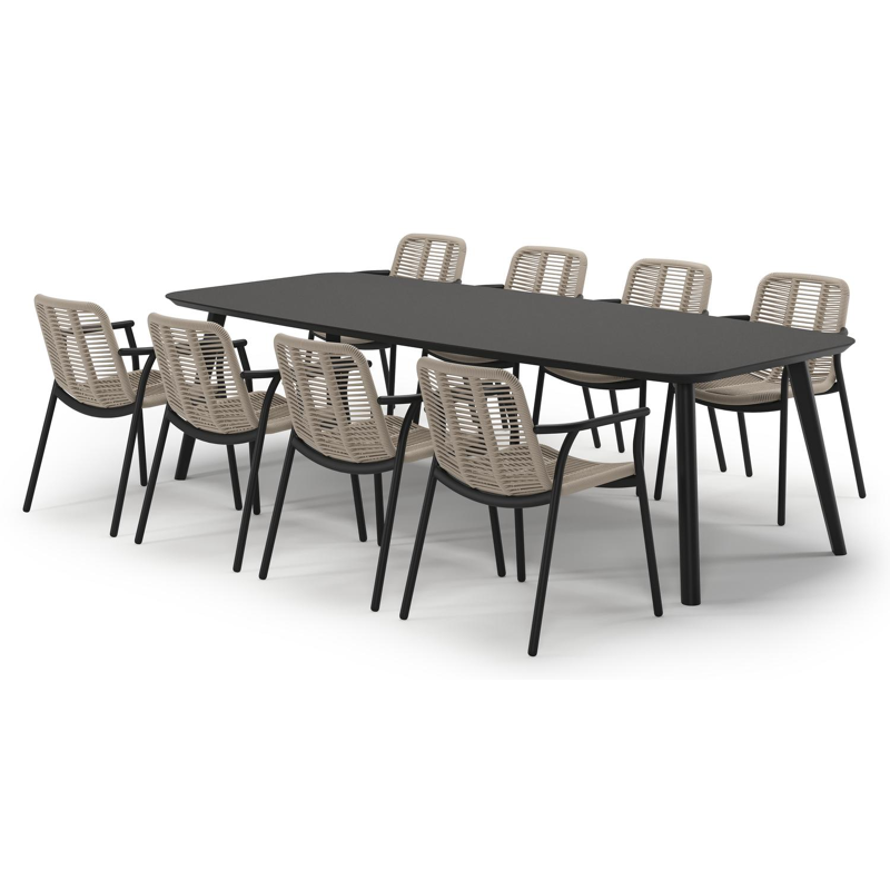 Mosa tuinset in zwart aluminium en notte minerale sintered stone met 8 stapelbare Berga tuinstoelen