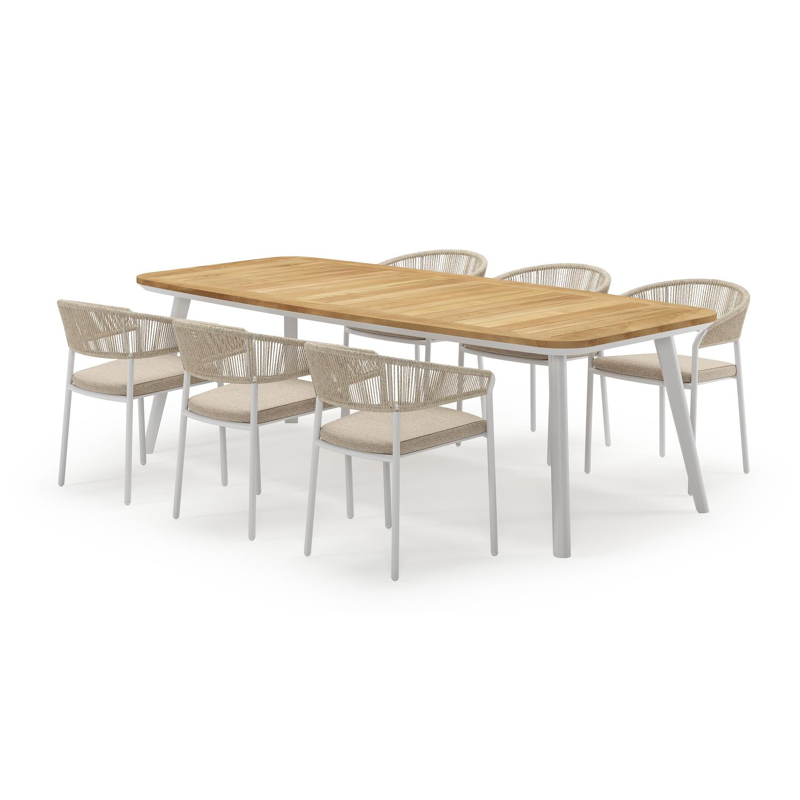 Mosa bootvormige tuinset in wit aluminium en teak natural finish met 6 Zamora tuinstoelen