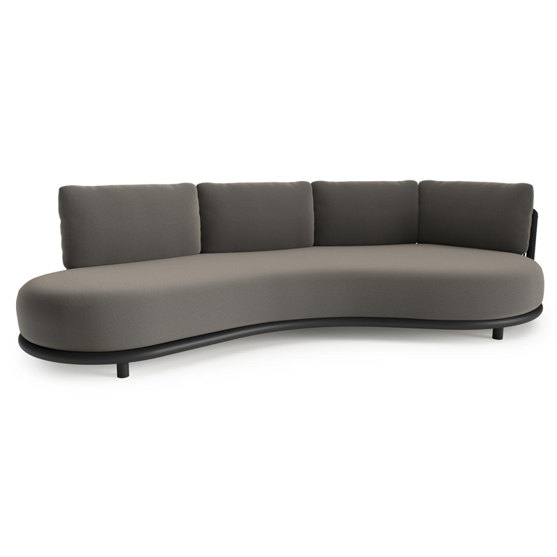 Lomano loungebank in zwart aluminium en zwart verticaal geweven luxe vlakke rope met natte dark taupe all weather sunbrella® luxe kussen