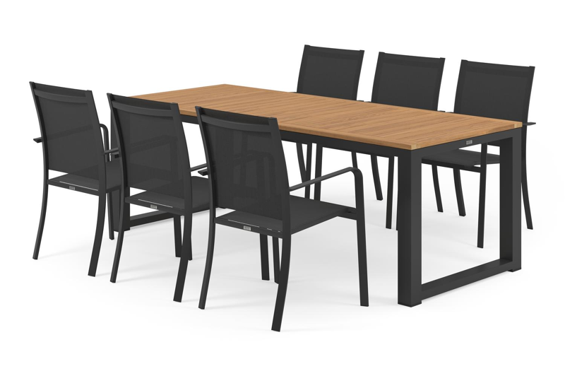 Livo tuinset in zwart aluminium en naturel teak tafelblad met 6 stapelbare Calobra tuinstoelen