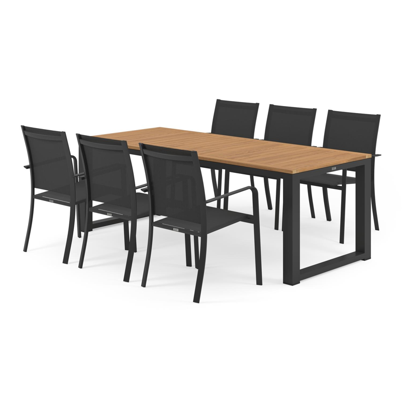 Livo tuinset in zwart aluminium en naturel teak tafelblad met 6 stapelbare Calobra tuinstoelen