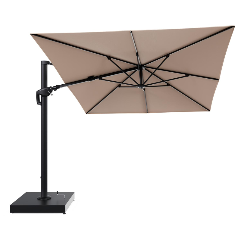 Minore zweefparasol met tiltfunctie in zwart aluminium en Natte Linen Chalk All Weather Sunbrella® Luxe parasoldoek - L1 400 x L2 300 cm met parasolvoet Minore 260 kg met wielen
